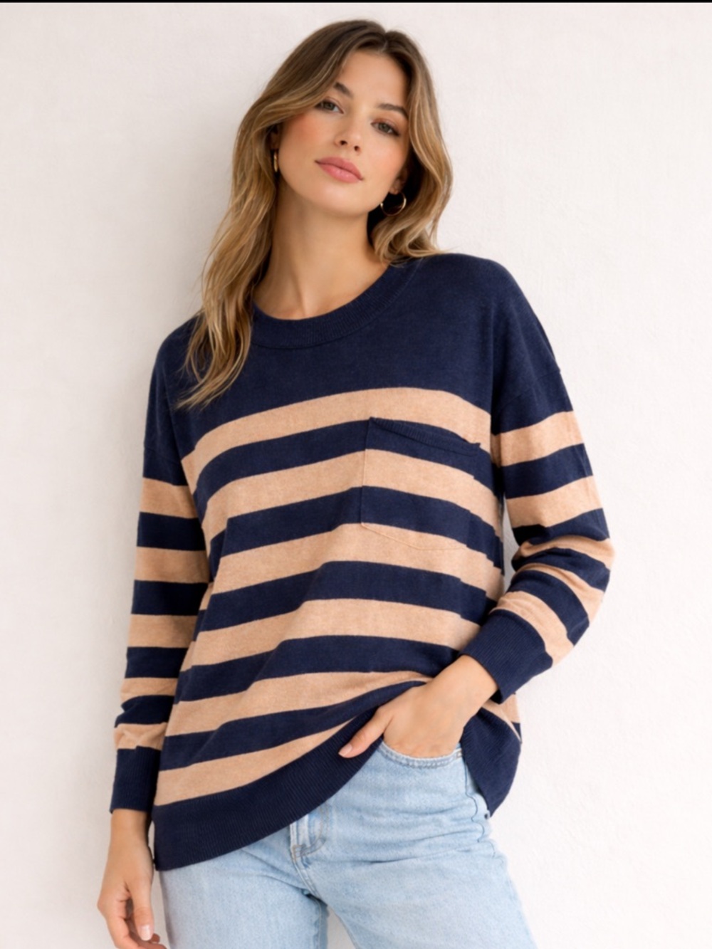 Madewell Striped Knit Sweater Navy Beige Size XL Crewneck Lightweight
